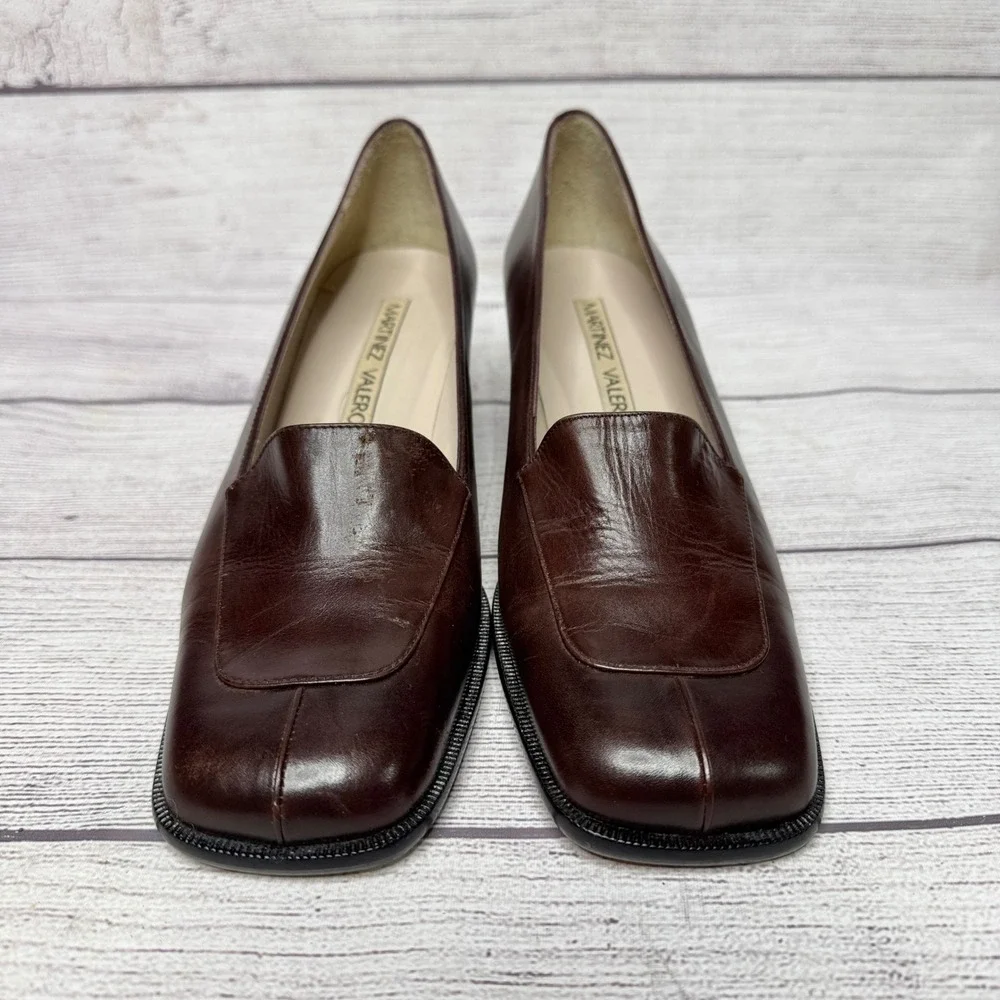 Martinez Valero Brown Leather Block Heel Square Toe Pumps Made in Spain‎ FLAW
